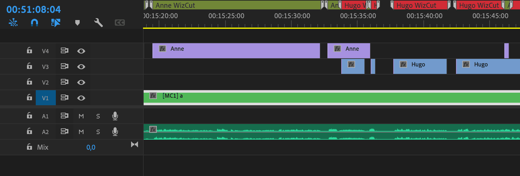 Premiere-Pro-Timeline mit Sprecher-Platzhaltern und Markern