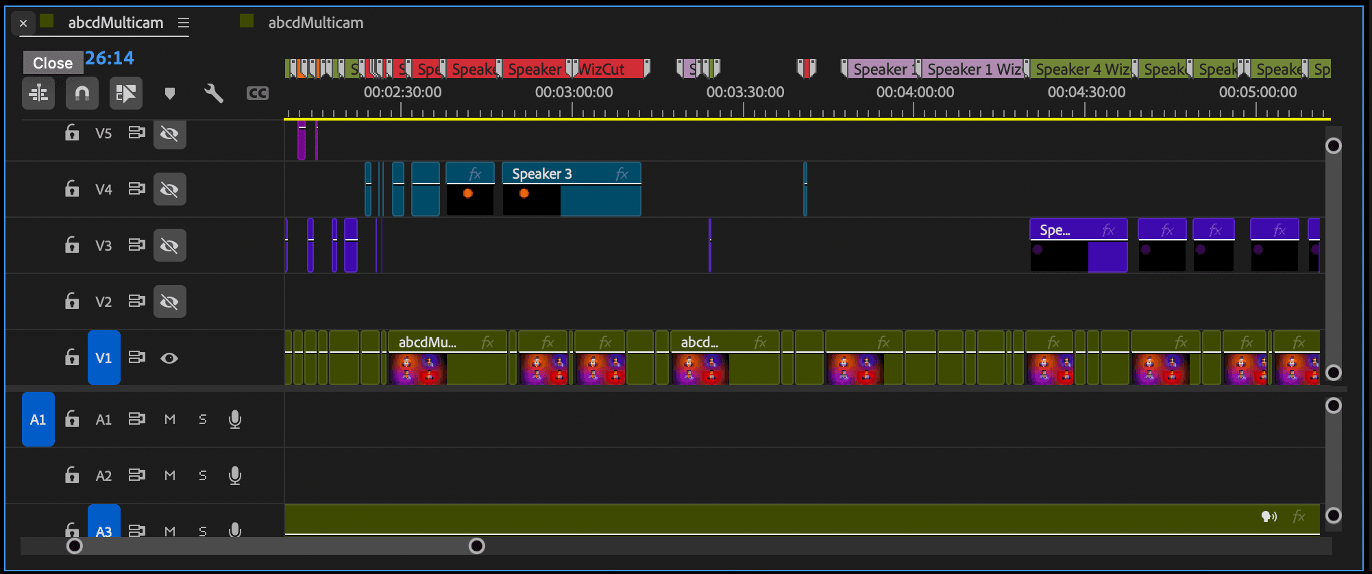Premiere Pro Multicam-Timeline, automatisch von WizCut geschnitten
