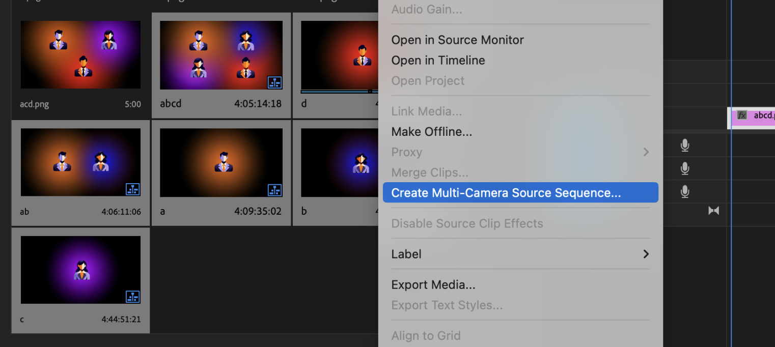 Premiere Pro right-click menu with Create Multicam Sequence option