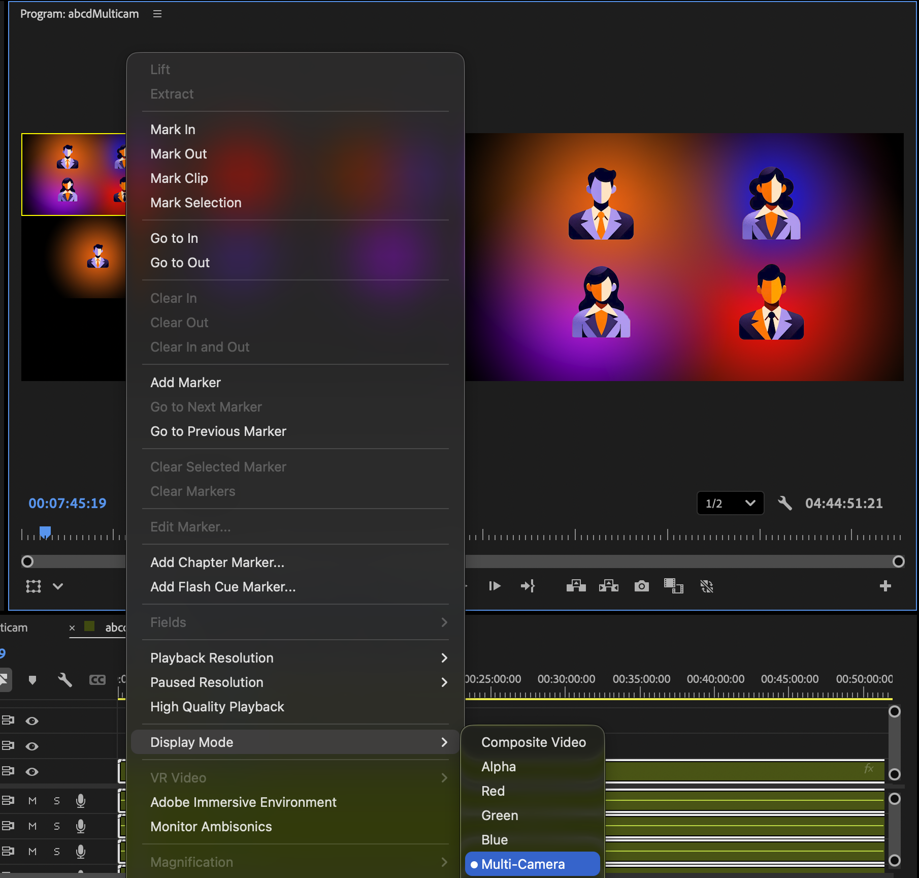 Premiere Pro Display Mode menu showing multicam preview option