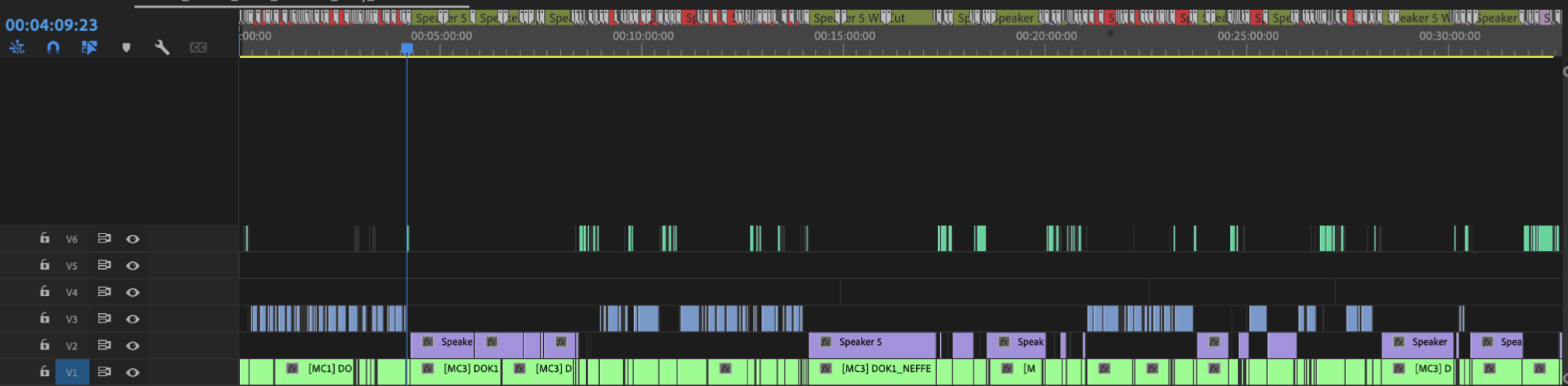 Premiere Pro timeline showing color-coded markers and speaker placeholder tracks