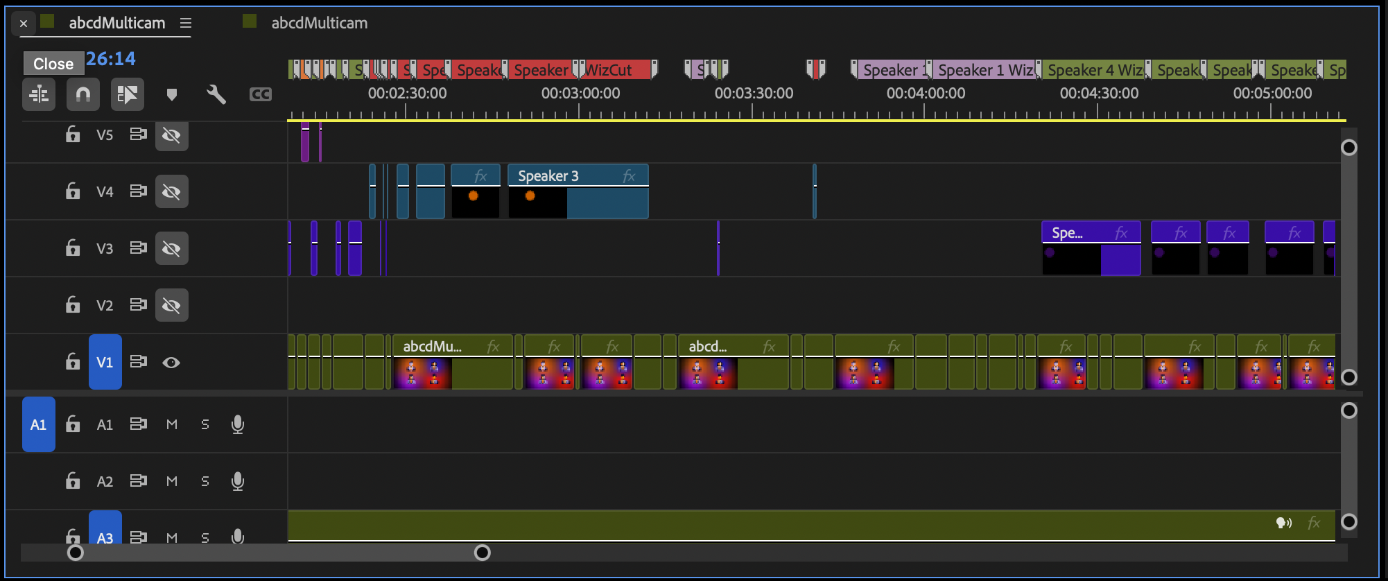 Multicam edit timeline with placeholder tracks and markers