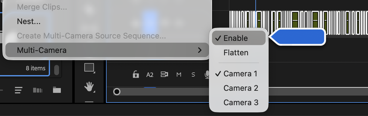 Premiere Pro Clip menu showing Multi-Camera Enable option