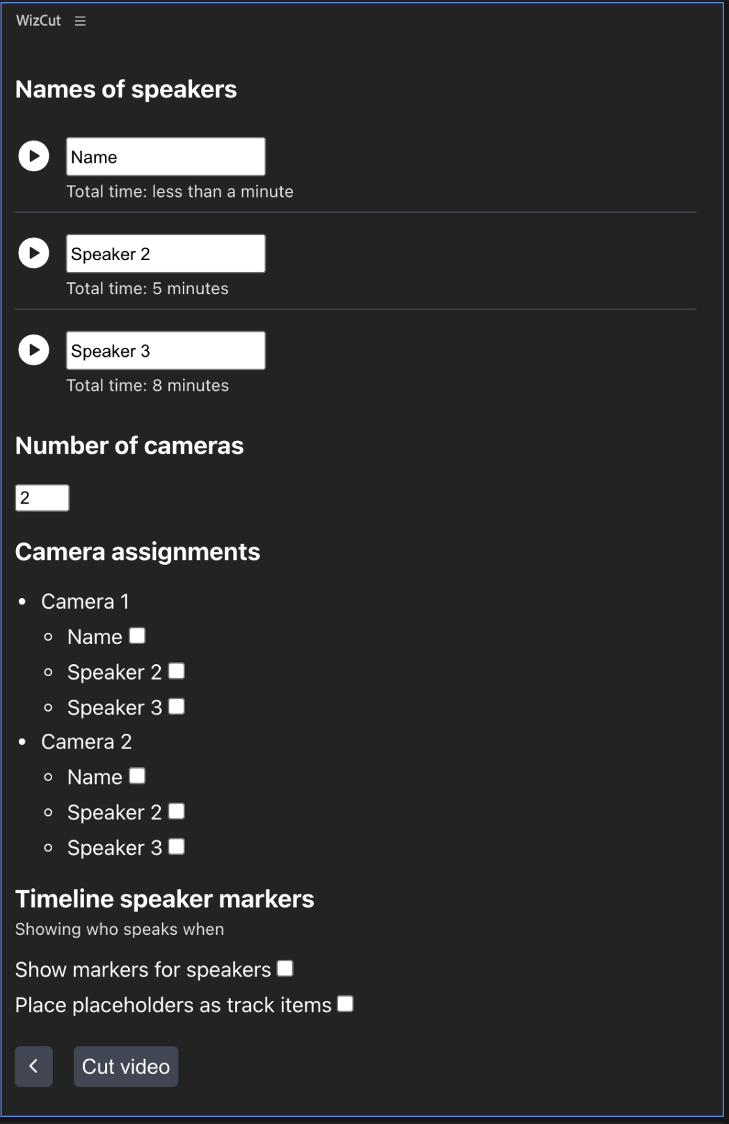WizCut interface showing speaker list with names and camera angle assignments