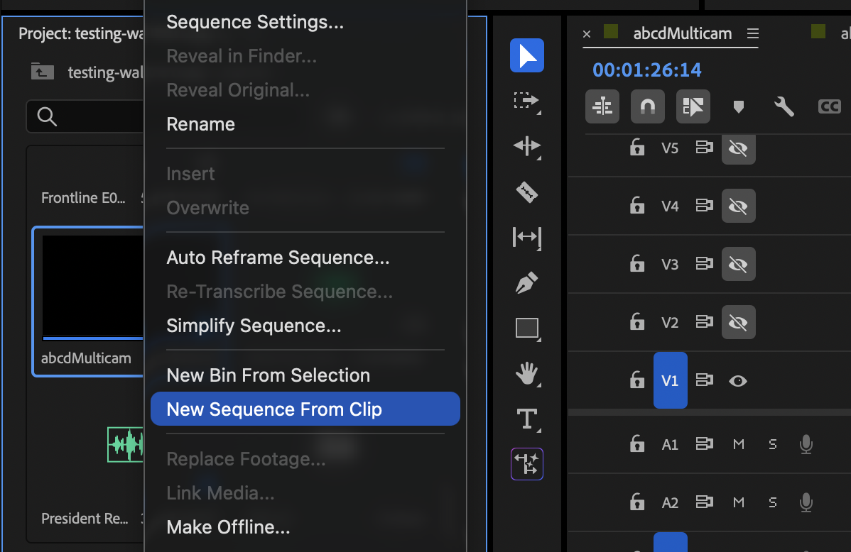 Right-click menu showing New Sequence From Clip option