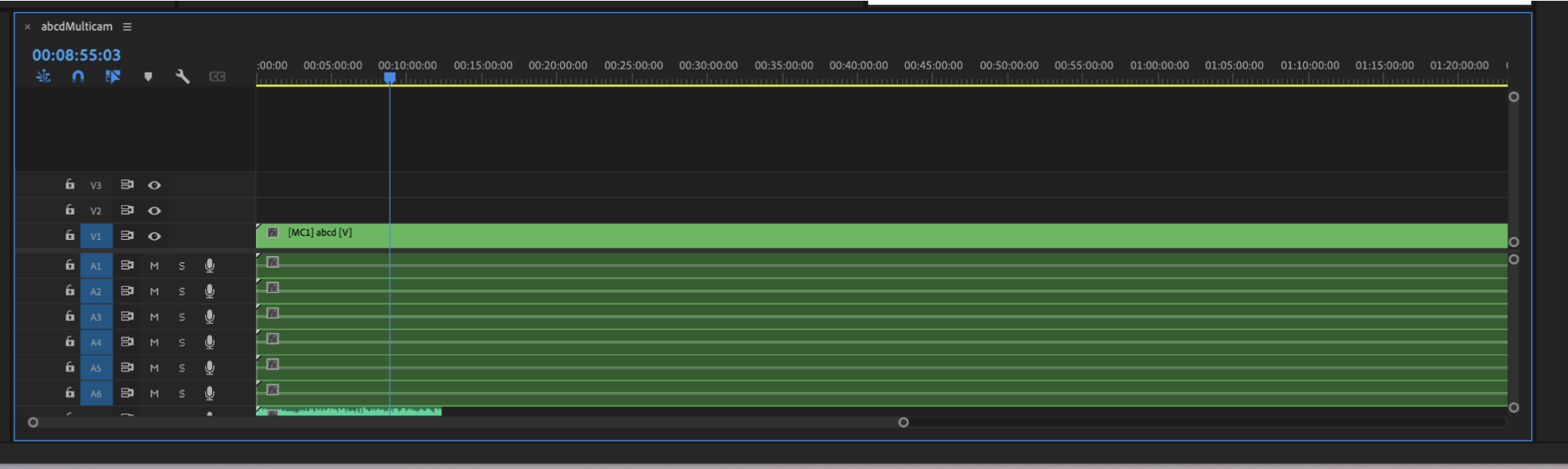 Premiere Pro timeline with blue border indicating focus