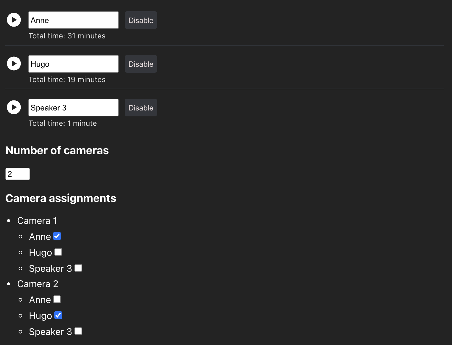 Interface de detecção de speakers e atribuição de câmeras do WizCut